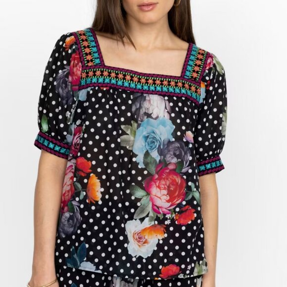 JOHNNY WAS Polkalona Square Puff Sleeve Neck Park Embroidered Blouse Size XL - Picture 2 of 9